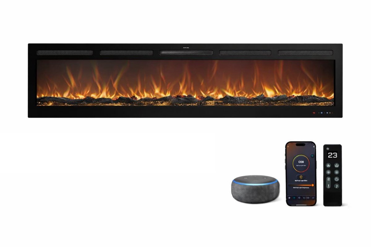SnelShoppen - Elektrische Open Haard Wand- en Inbouw 1500 W, Wifi Bediening, Mystflame 60 Pro, Realistische Houtblokken, Veelkleurige Vlammen, Met Voe