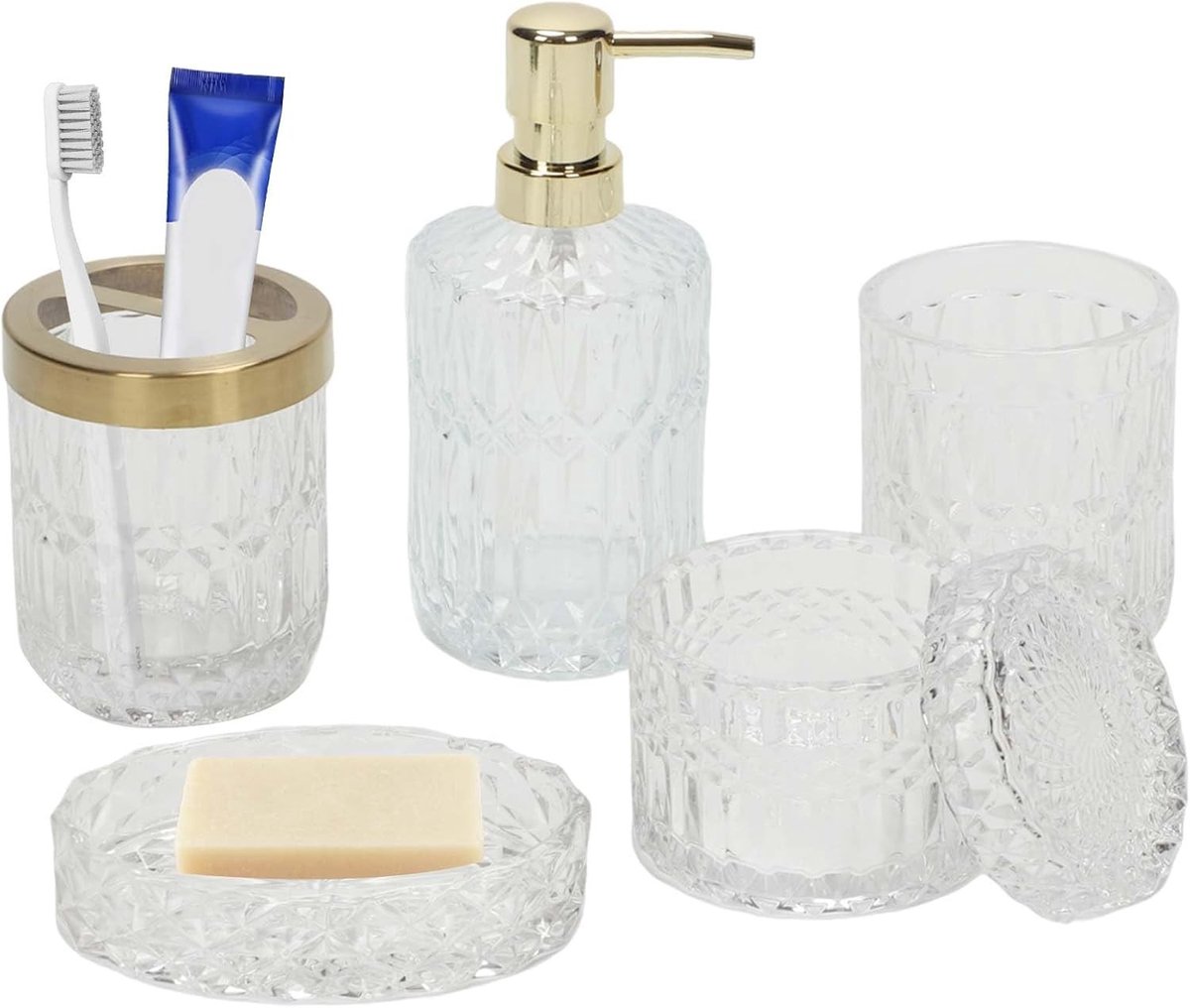 Complete 5-delige Badkamer Set met Organiser, Lotion Dispenser, Zeepdispenser, Tandenborstelhouder en Glazen Accessoires in Navy Blauw