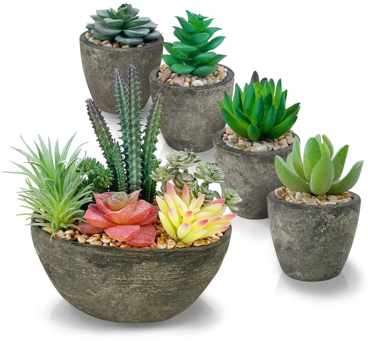SnelShoppen - Set van 5 Kunstmatige Vetplanten in Cementachtige Potten, Realistische Nepvetplanten voor Kantoor- en Thuisdecoratie, Kleine Groene Plan