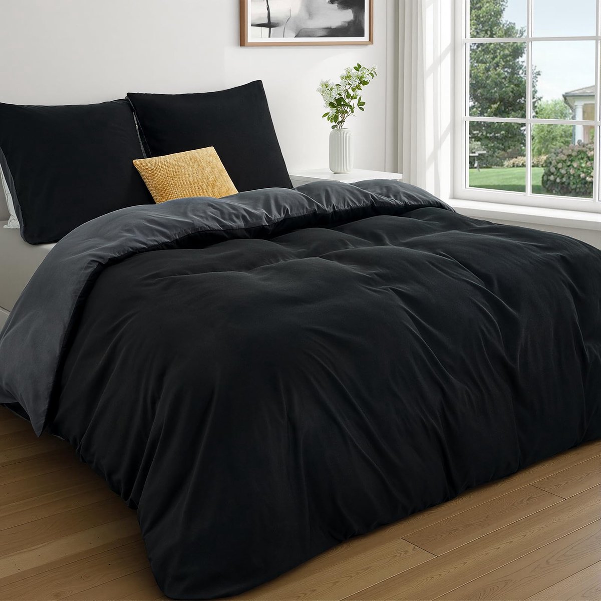 SnelShoppen - Duvetnova Beddengoed Set 220 x 240 cm, 3-delig, Zwart/Grijs, Omkeerbaar Dekbedovertrek + 2 Kussenslopen, Öko-Tex Microvezel, Zacht en St
