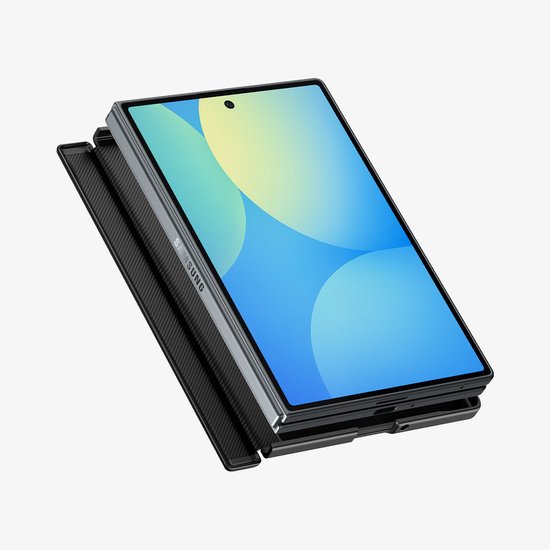 Zwart telefoonhoesje met een opengewerkt scherm, close-up.