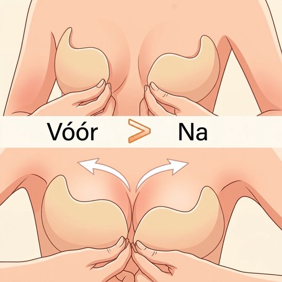 Illustratie: Vrouw brengt strapless plak-bh cups aan. Boven: 'Vóór'. Onder: 'Na' met pijlen die borsten omhoog trekken.