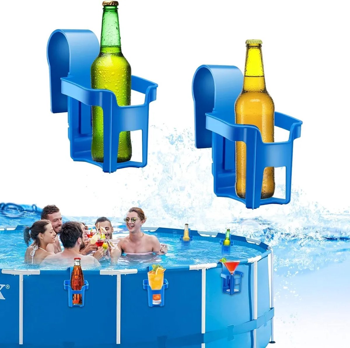 Drankrek voor bij het zwembad, bekerhouder, multifunctionele zwembadaccessoires, drankrek voor bij het zwembad, opbergmand, flessenrek, bierrek, 2-delige set