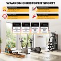 Diverse fitnessapparaten van Christopeit Sport, waaronder een roeitrainer.