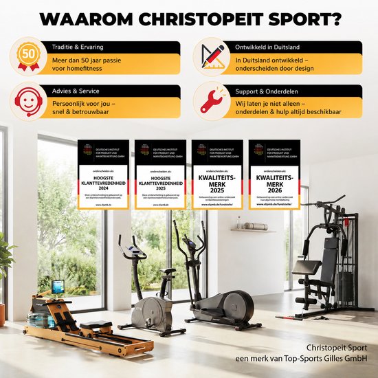 Diverse fitnessapparaten van Christopeit Sport, waaronder een roeitrainer.