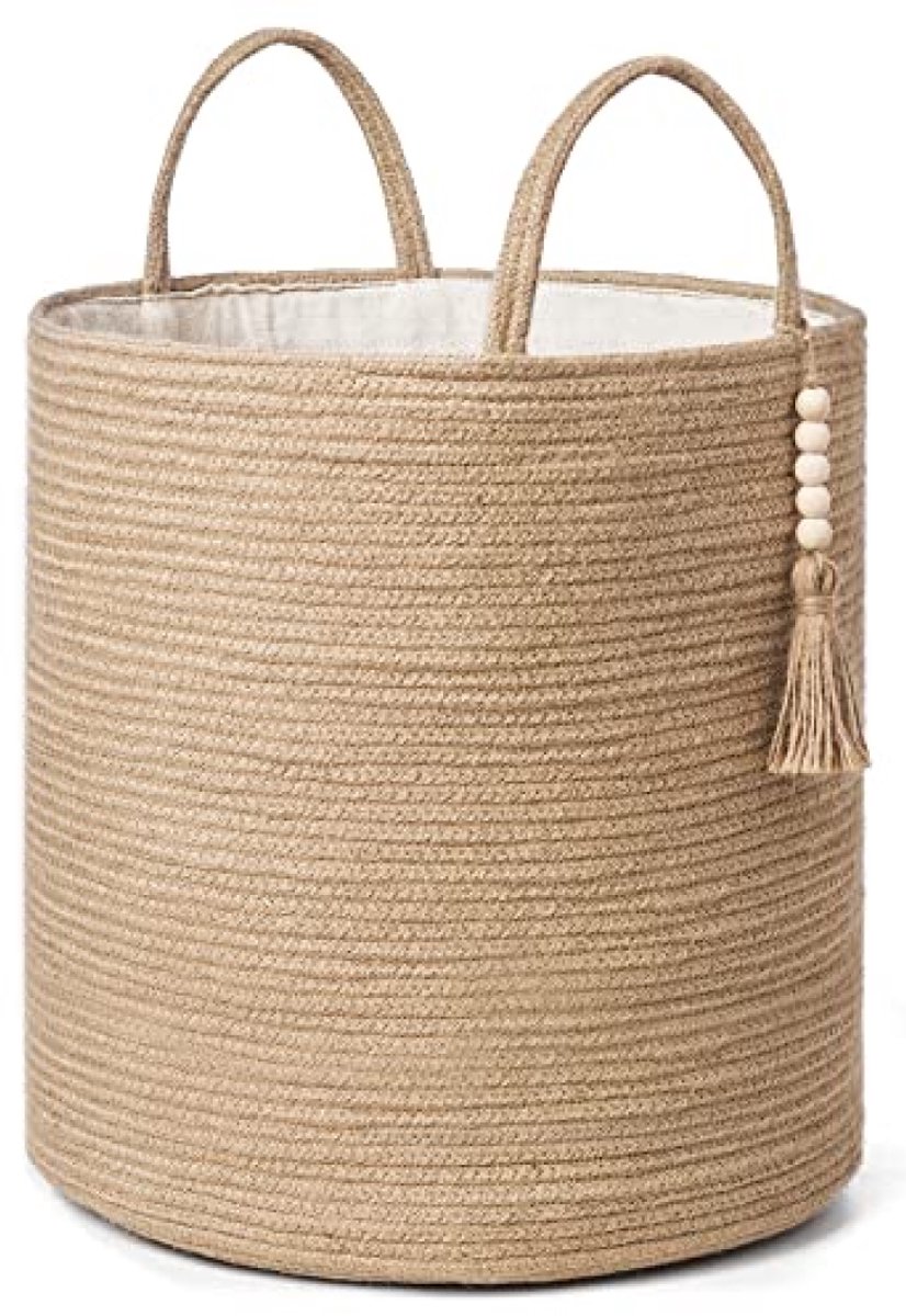 Huis Geluk Hoge rieten wasmand geweven opbergmand met handgrepen en houten kralen, decoratieve natuurlijke touwmand voor dekens, speelgoed, kleding, schoenen, 35 cm breed