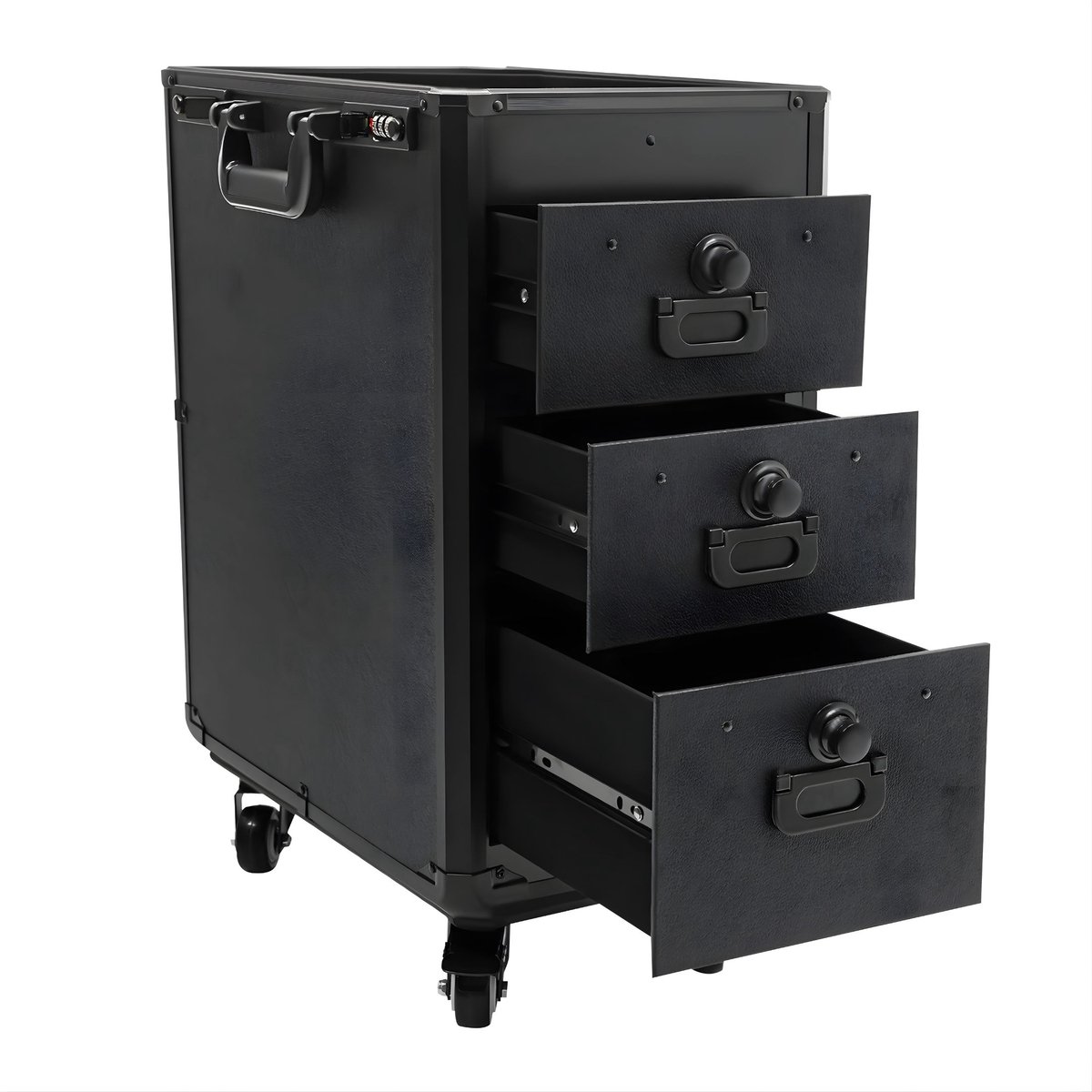 Zwarte Luxe Make-up Trolley - 4 Wielen - 3 Laden - Combinatie Slot - PU & Mangaan Staal