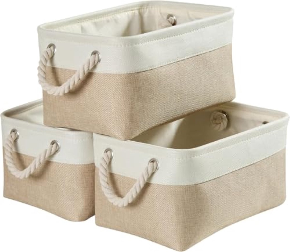 Huis Geluk Stoffen opbergdoos set van 3 - opvouwbare opbergmanden met handgrepen - 36x26x20 cm - voor kasten, kleding, speelgoed, handdoeken - Khaki wit
