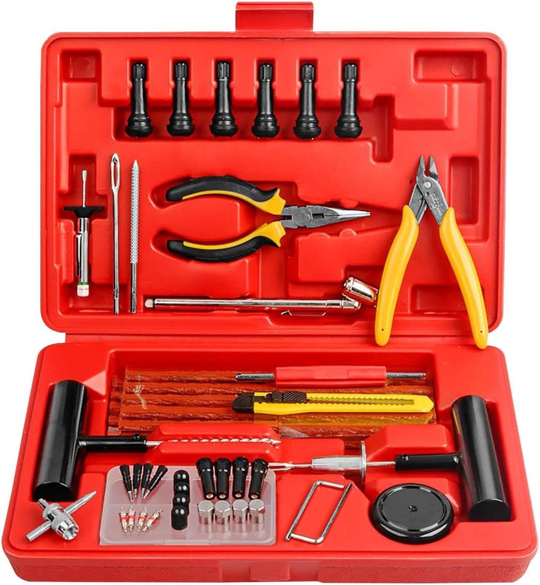Reparatieset Autobanden - Lekke Band Kit - Onderweg Repareren - Heavy Duty Gereedschap - 74 Delig - Rood
