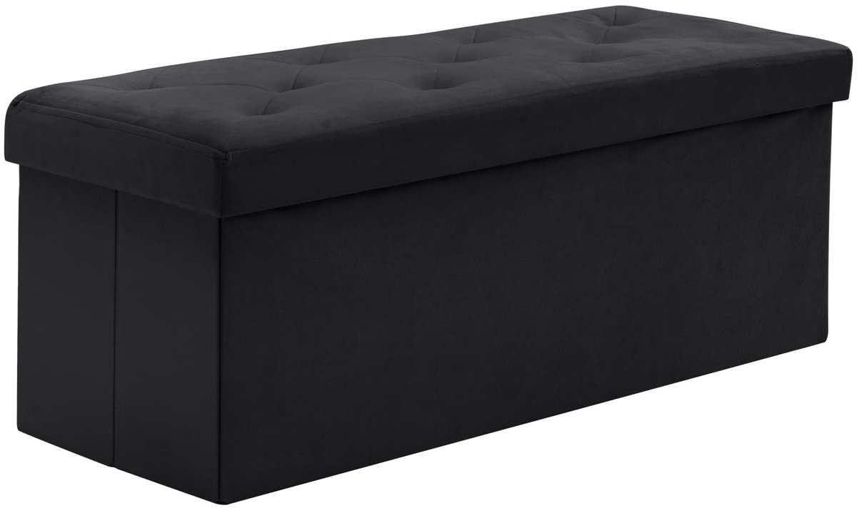 SnelShoppen - Zitbank met Opbergruimte, Fluwelen Opvouwbare Poef, Zwart, 110 x 40 x 40 cm, Multifunctionele Zitkist voor Woonkamer, Slaapkamer, Hal, e