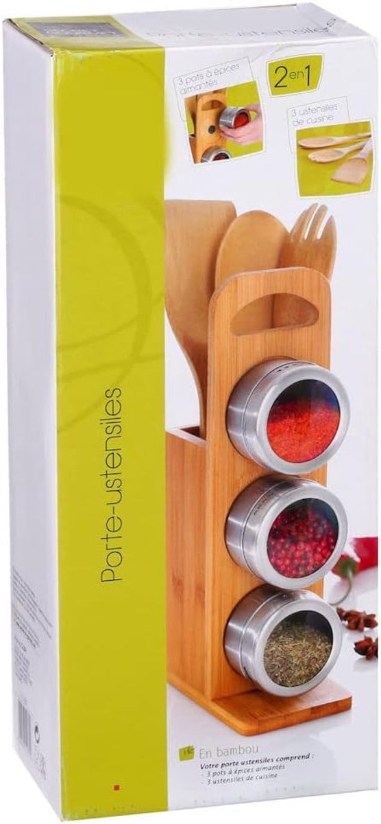Spatelset en Magnetische Kruidenpotjes op Bamboe houder - 3x Kruidenpotjes en 3x Houten Spatels