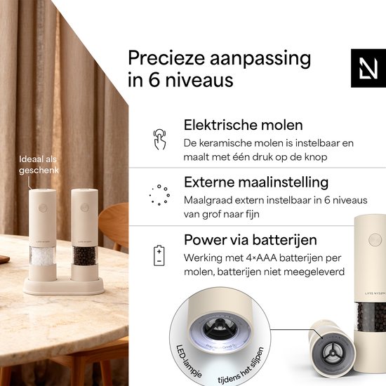 Crème beige elektrische zout- en pepermolens met LED-lampje en 6 maalinstellingen. Ideaal als geschenk, werkt op 4 AAA-batterijen.