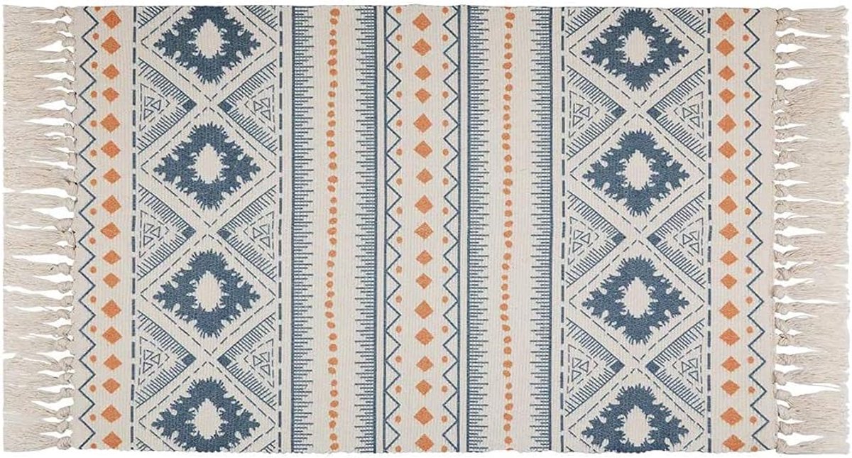 katoenen vloerkleed in retrostijl met randen Blauw handgeweven handgeweven voor woonkamer, keuken, slaapkamer, wasruimte 60 cm * 90 cm