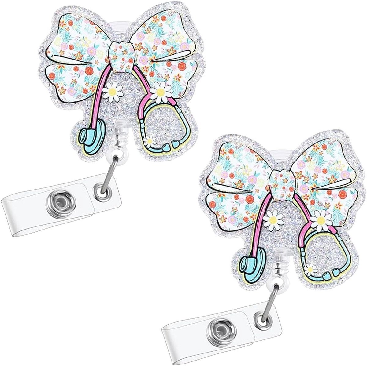 Badgehouder Set - ID Clip Kaarthouder - Zorg Personeel - Bloemige Strik Stethoscoop - 2 Stuks - Multicolor