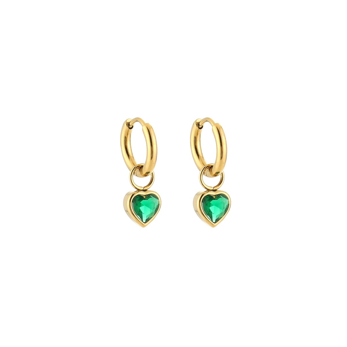 Stainless Steel Heart Zirconia Charm Huggie Hoops – Luxe Scharnier Oorringen met Zirkonia Hart Hanger – RVS - Groen