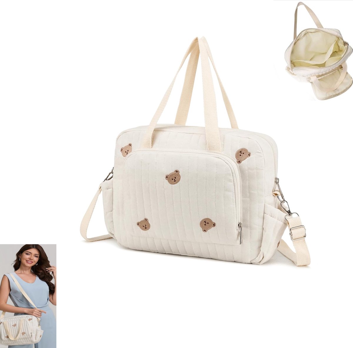 KZQ Gestepte luier tas tote met bloemenprint - Grote capaciteit katoenen babybag met meerdere vakken - Gebroken wit met berenprint