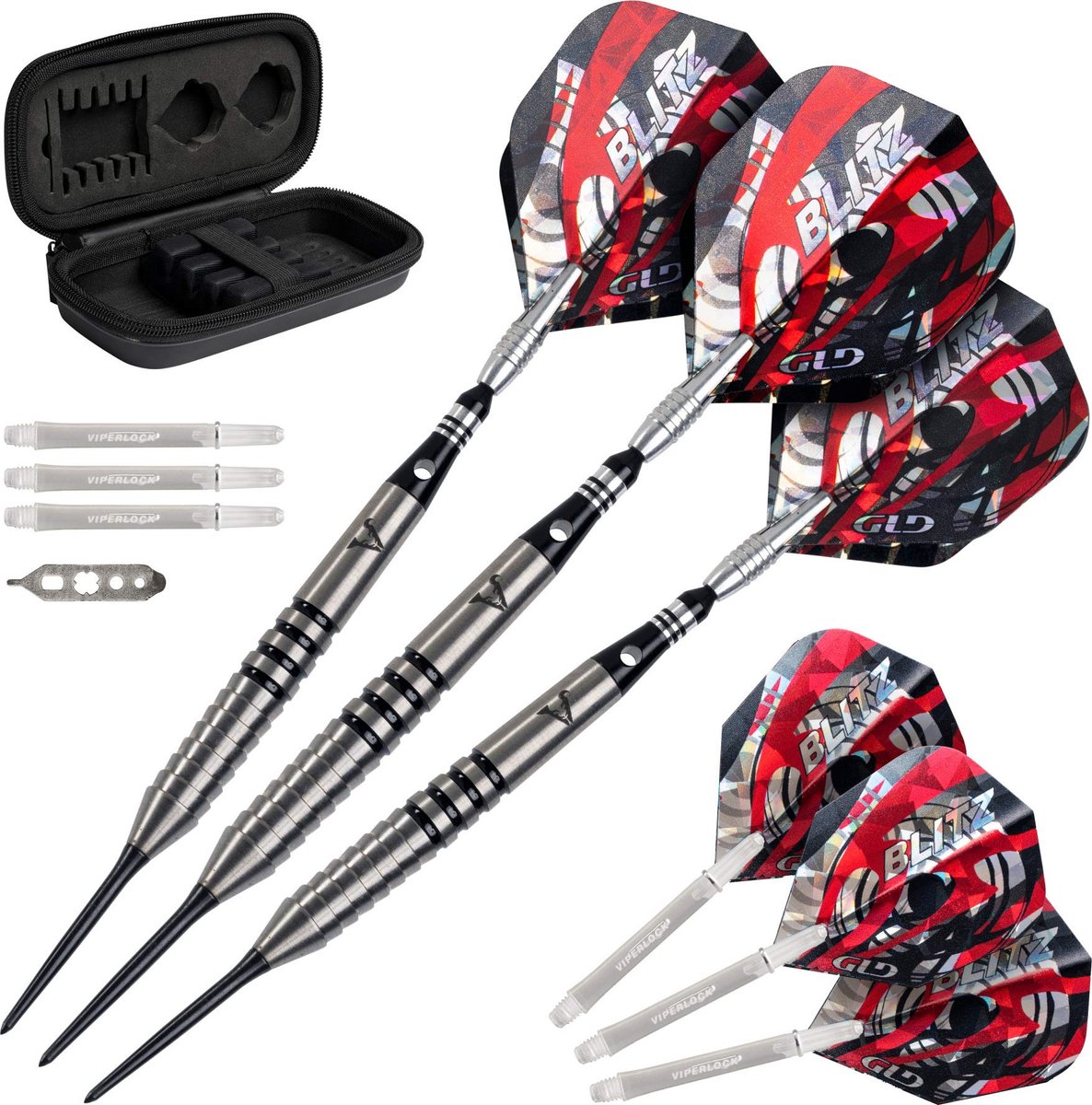 SnelShoppen - Unisex 95% Hoesje, Viper Blitz 95 Wolfraam Stalen Tip Dartset met Koffer 26 Gram - Zwart, Perfect voor Feest en Competitie