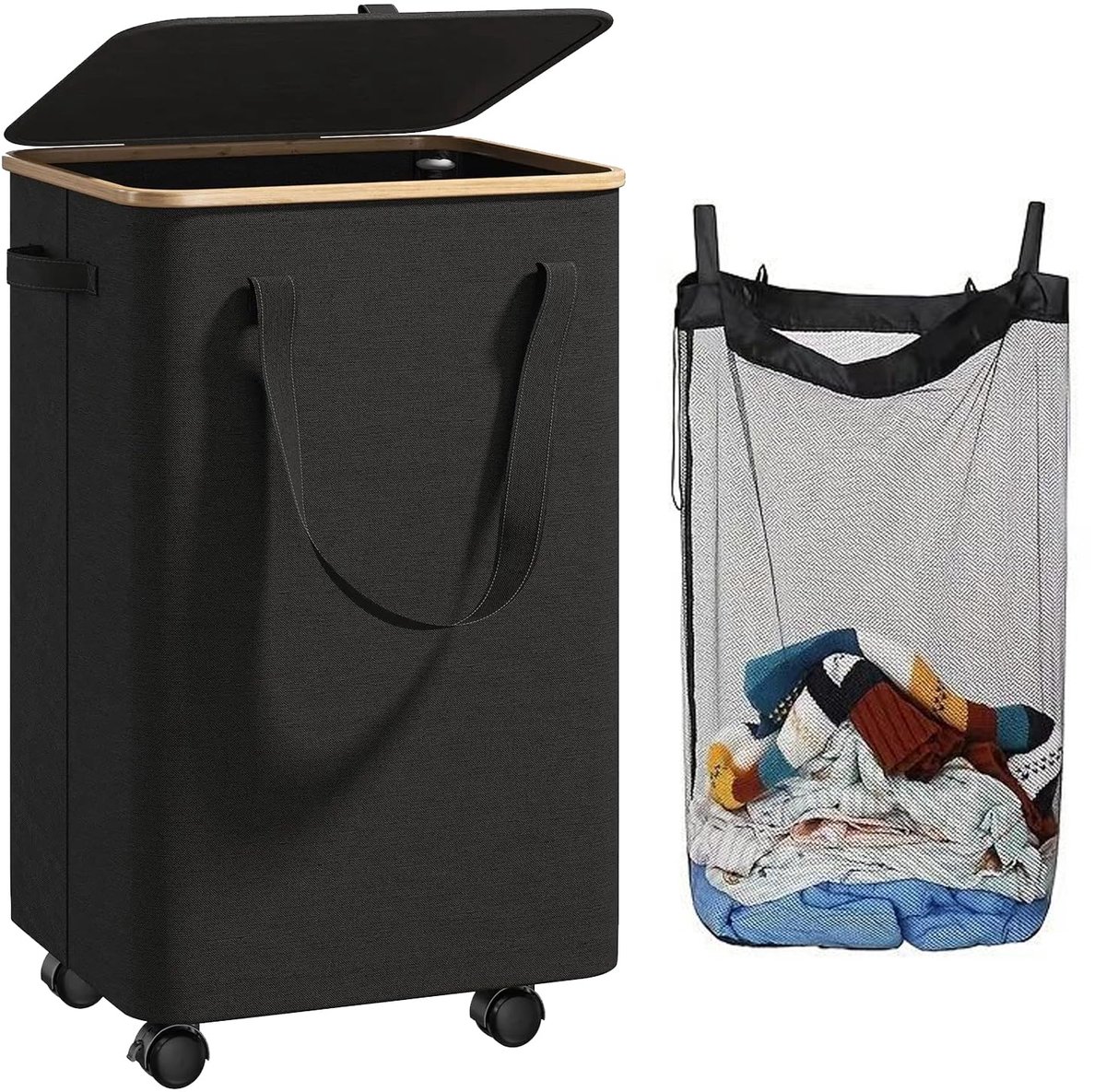 SnelShoppen - Wäschekorb met Rollen 70L - Faltbare Wäschemand met Deksel - Abneembare Wäschebeutel voor Bad, Studentenhuis & Caravan