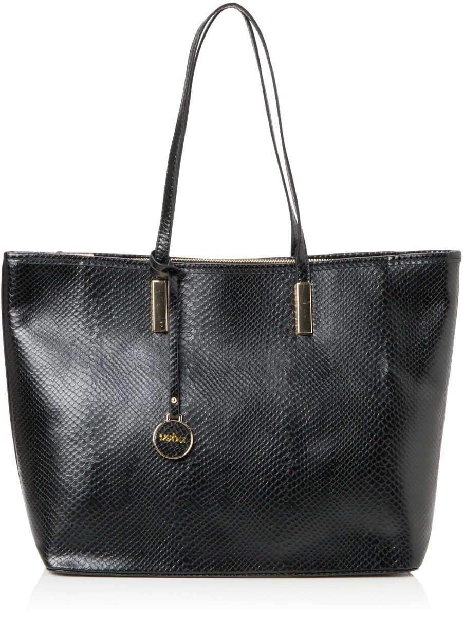 SnelShoppen - Dames Shopper Zwart Imitatieleer met Slangenreliëf, Ruime Handtas voor Winkelen en Zakelijk Gebruik, Elegant met Goudkleurig Beslag