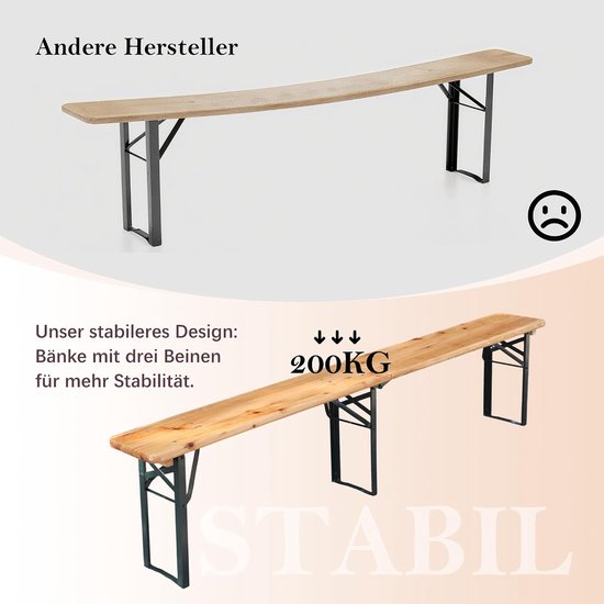 Opvouwbare biertentset 220 cm, 3-delig: 1 klaptafel + 2 bierbanken, weerbestendig massief grenenhout, ruimtebesparend, tot 200 kg, biertafelset feesttenttuin — afbeelding 3