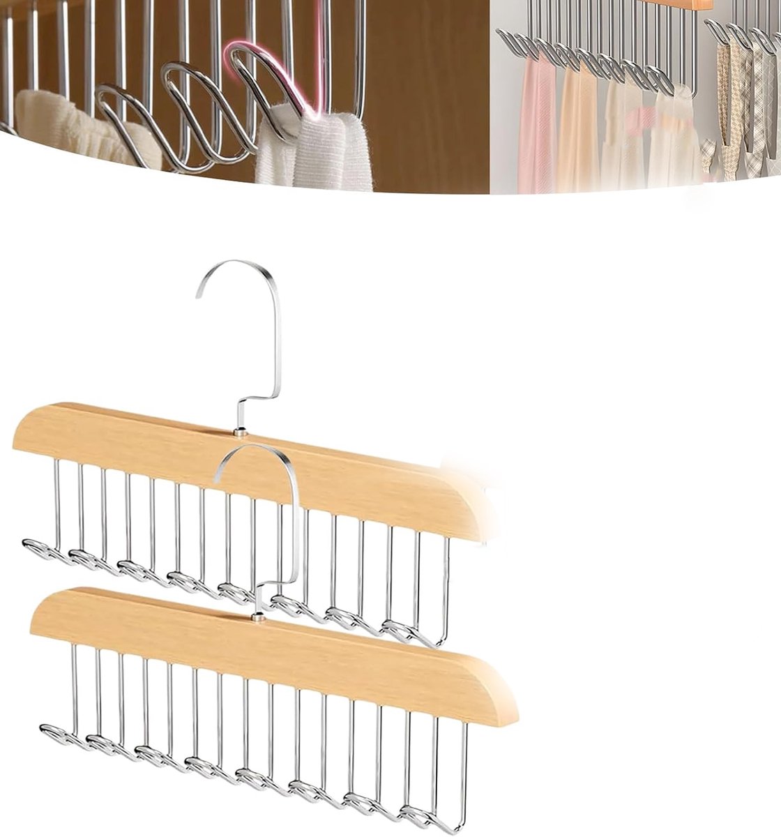 KZQ 2-delige riem- en stropdas hanger met 8 haken - Houten organizer voor riemen stropdassen sjaals en tops - Ruimtebesparend voor kast en garderobe - Natuurlijk hout
