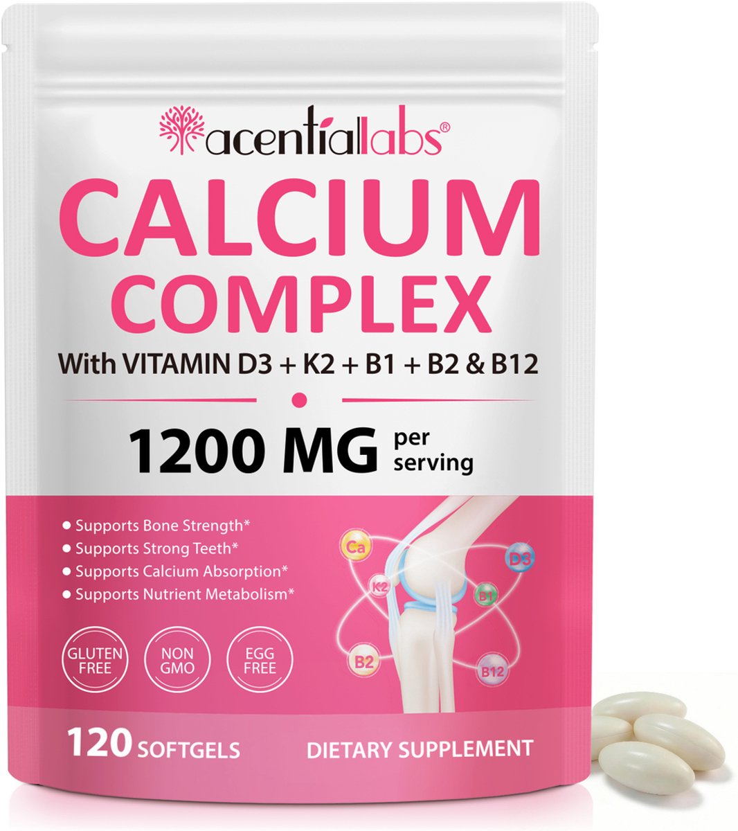 Acentiallabs 120 Softgels Botgezondheid Ondersteuning Glutenvrij 1200MG Calcium Complex Capsule Supplement Met Vitamine D3 K2 B1 B2 B12