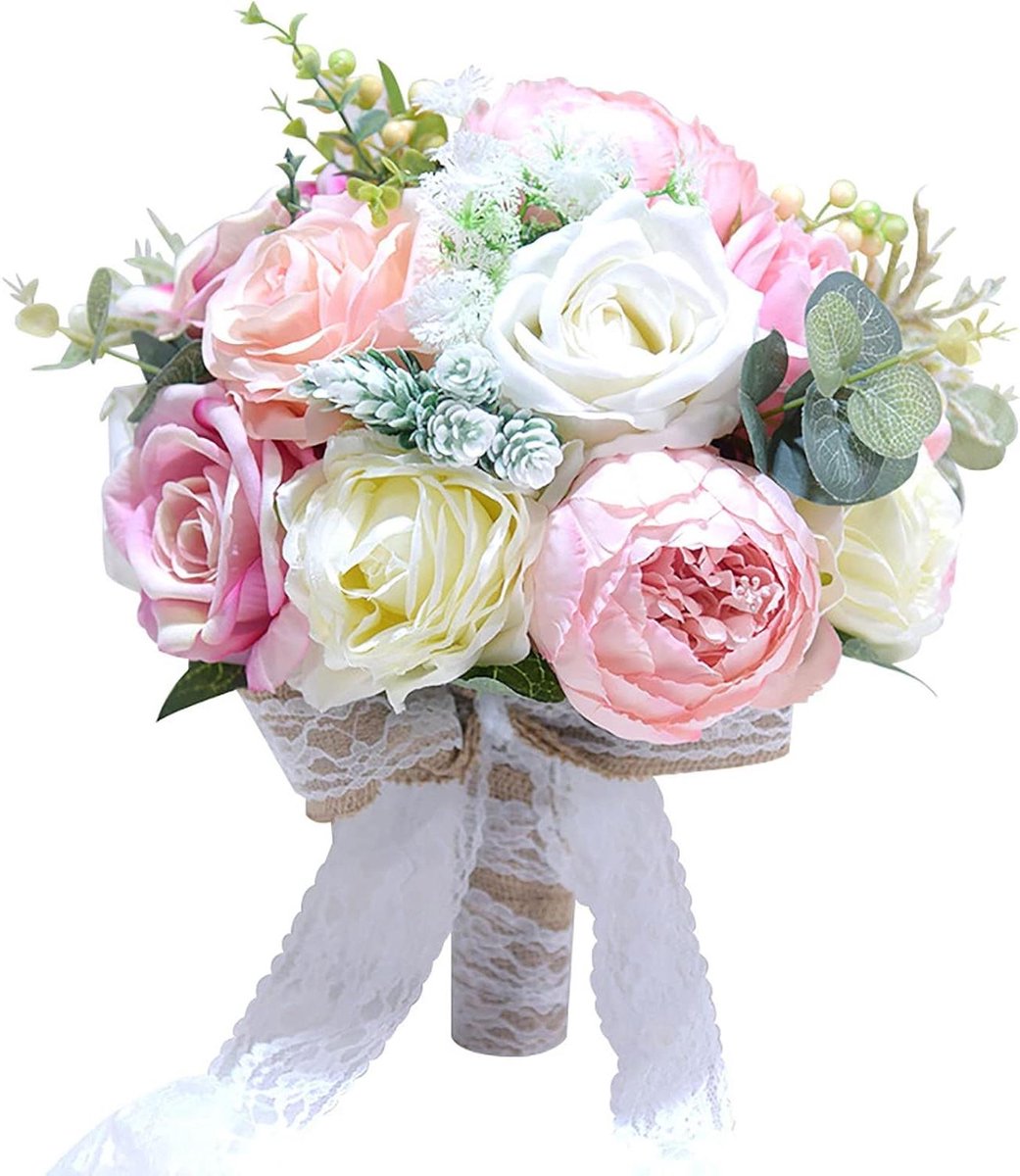 Bruidsboeket Kunstbloemen - Zijden Bruiloft - Bruiloft Decoratie - Handgemaakt Ontwerp - 31 cm Hoog - Roze