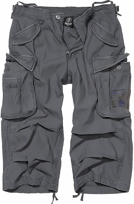 Grijze 3/4 cargo broek met veel zakken, rits en knopen, met trekkoordjes aan de onderkant.