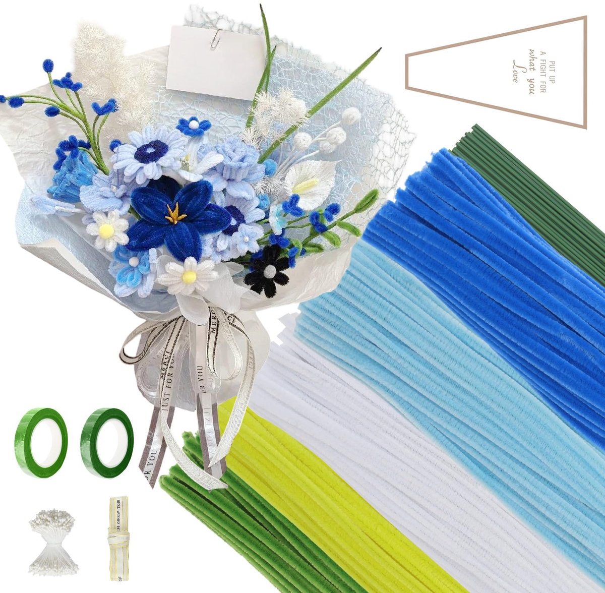 400 stuks pijpenragers, bloemen, blauw, pijpenragers om te knutselen, 5 kleuren met 30 groene knutseldraad, 100 stofbakken, 2 plakband, cadeaupapier voor doe-het-zelf decoraties