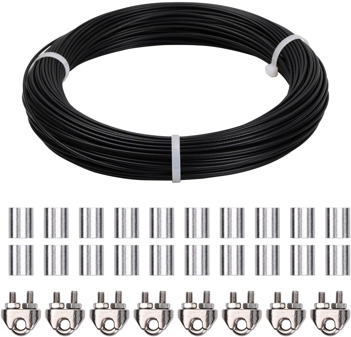 Gecoate roestvrijstalen kabel, 7 x 7, met 8 kabelklemmen, 20 aluminium hulzen, flexibele ophanging, draadkabel, tuinwasrek, zwart-2 mm