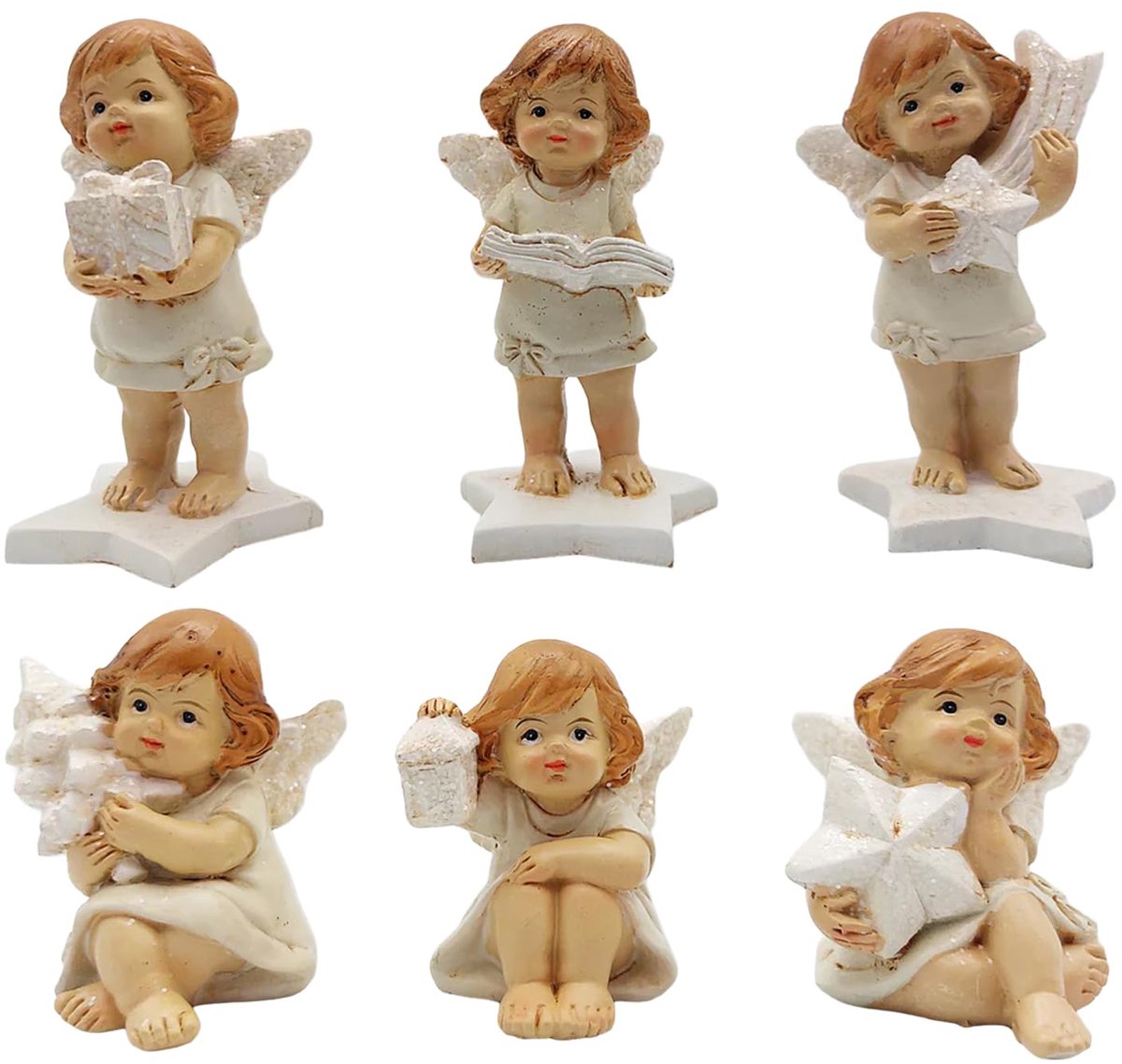 beeldjes set, 6 stuks: kerstdecoratie figuren polyresin crème wit met ster boom en cadeau, decoratieve kerstversiering tafel vensterbank winter sfeer ornamenten binnen, 5–8 cm