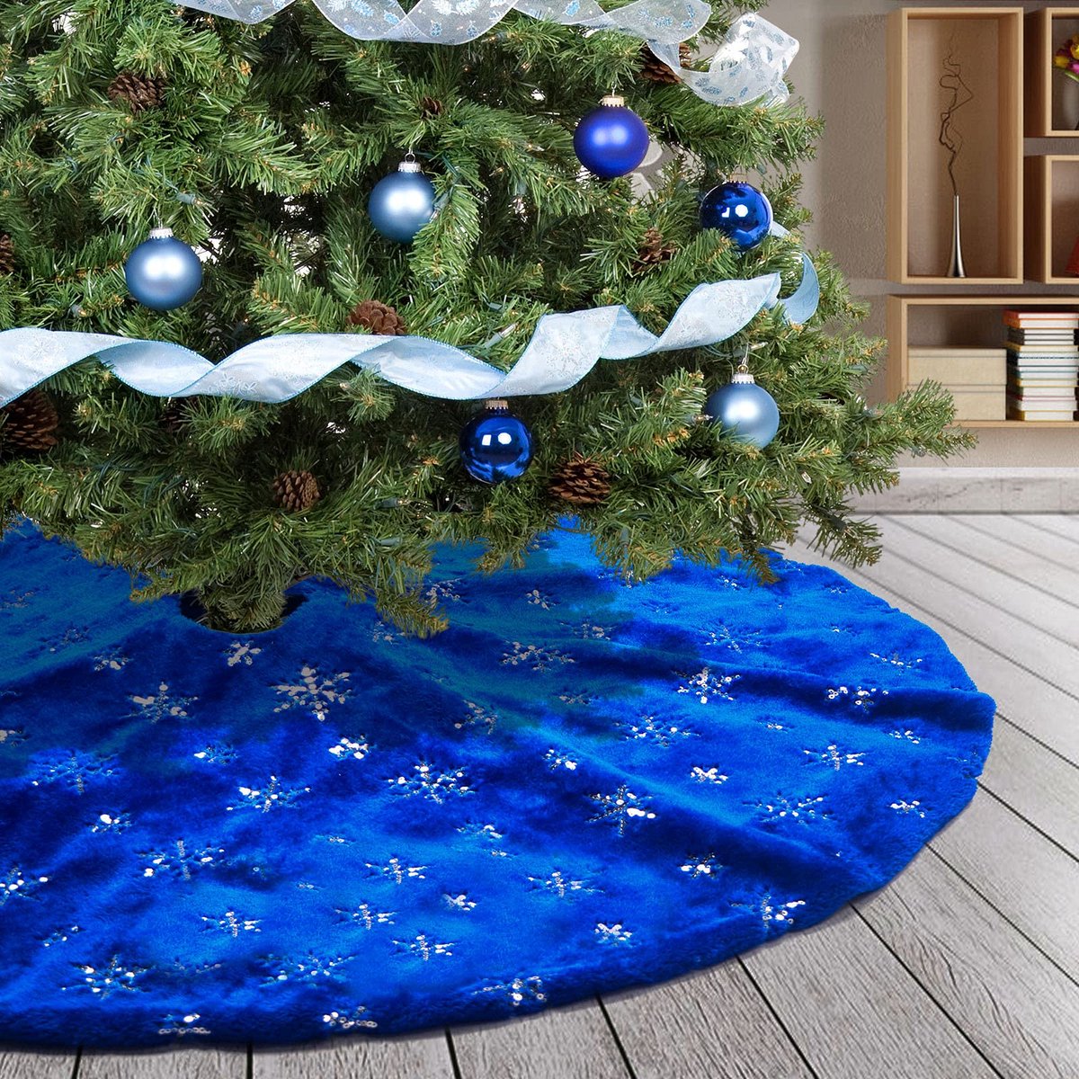 Kerstboom Rok Blauw Faux Bont Zilver Pailletten sneeuwvlok 30 inch voor kerstboom Decoratie