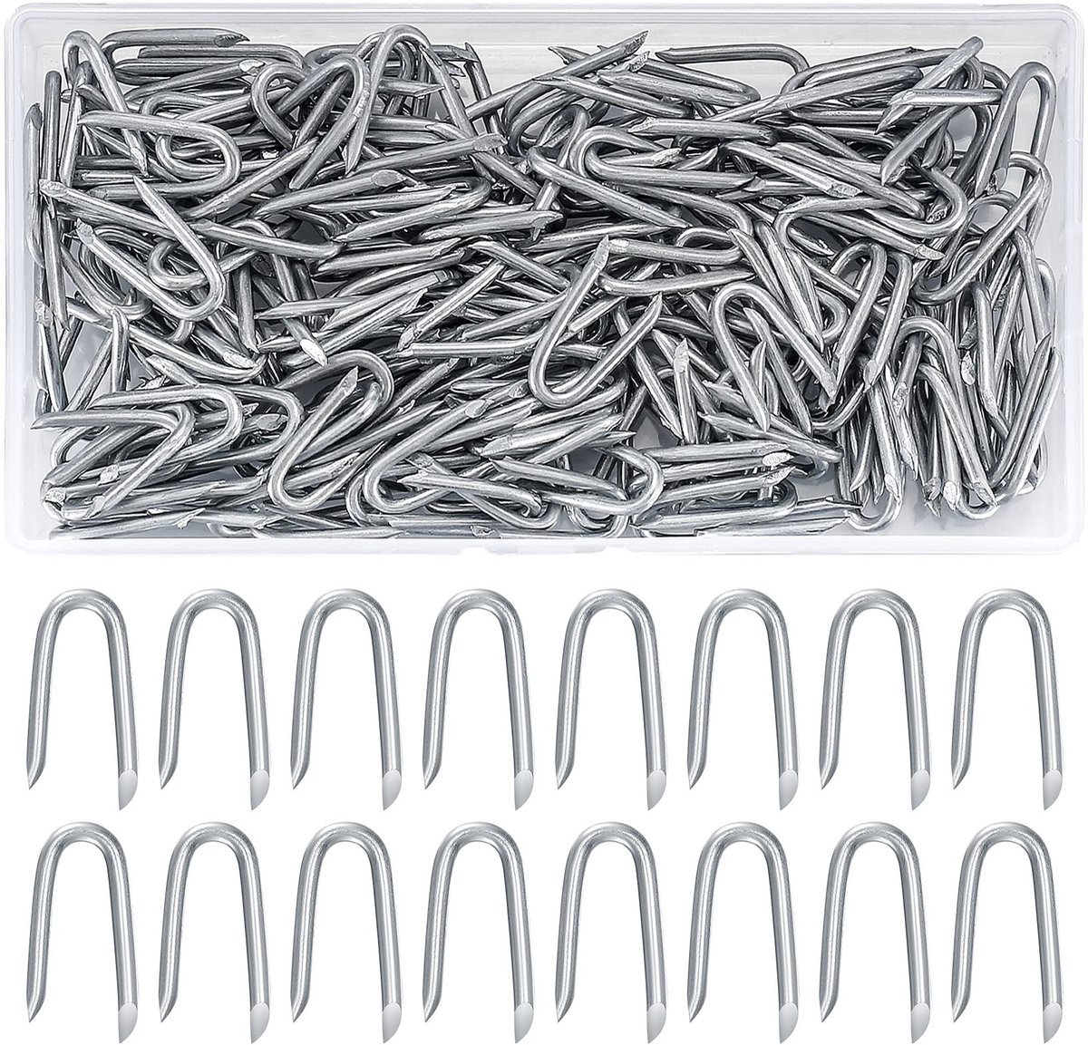 300 stuks U-krampen, stalen krampen, U-type nagels, hekklemmen krampen, krampennagels, hek draad U-klem nagel, verzinkte bevestigingsnagels voor netten, hek, gaashek, staketenhek