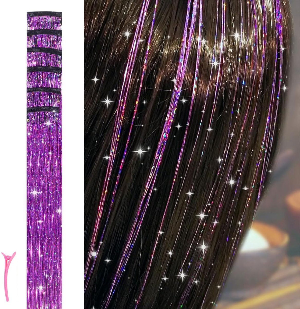 6 stuks haarlametta-clips, paarse glinsterende lametta-haarverlengingen, in slechts 3 seconden te dragen voor feesten, dagelijks gebruik, reizen, verjaardagen, 50 cm haaraccessoires