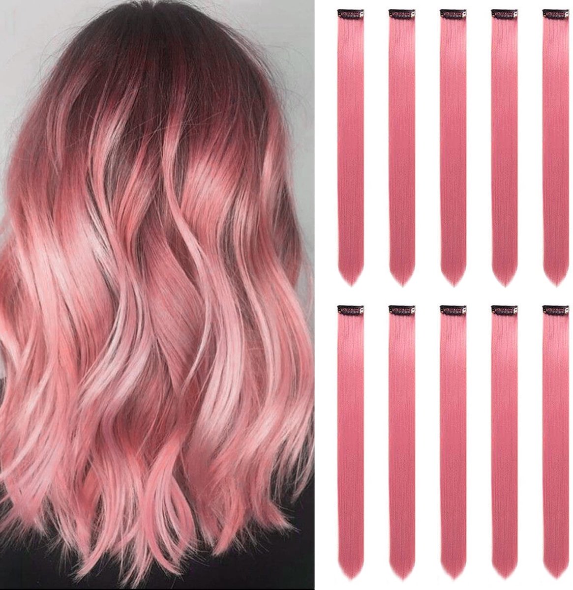 Hair Extensions Clip In voor Meisjes 22 Inch Kleurrijke Steil Hair Extensions voor Party Hoogtepunten Haaraccessoires Haarstukken voor Vrouwen (10 STKS Prinses Roze)