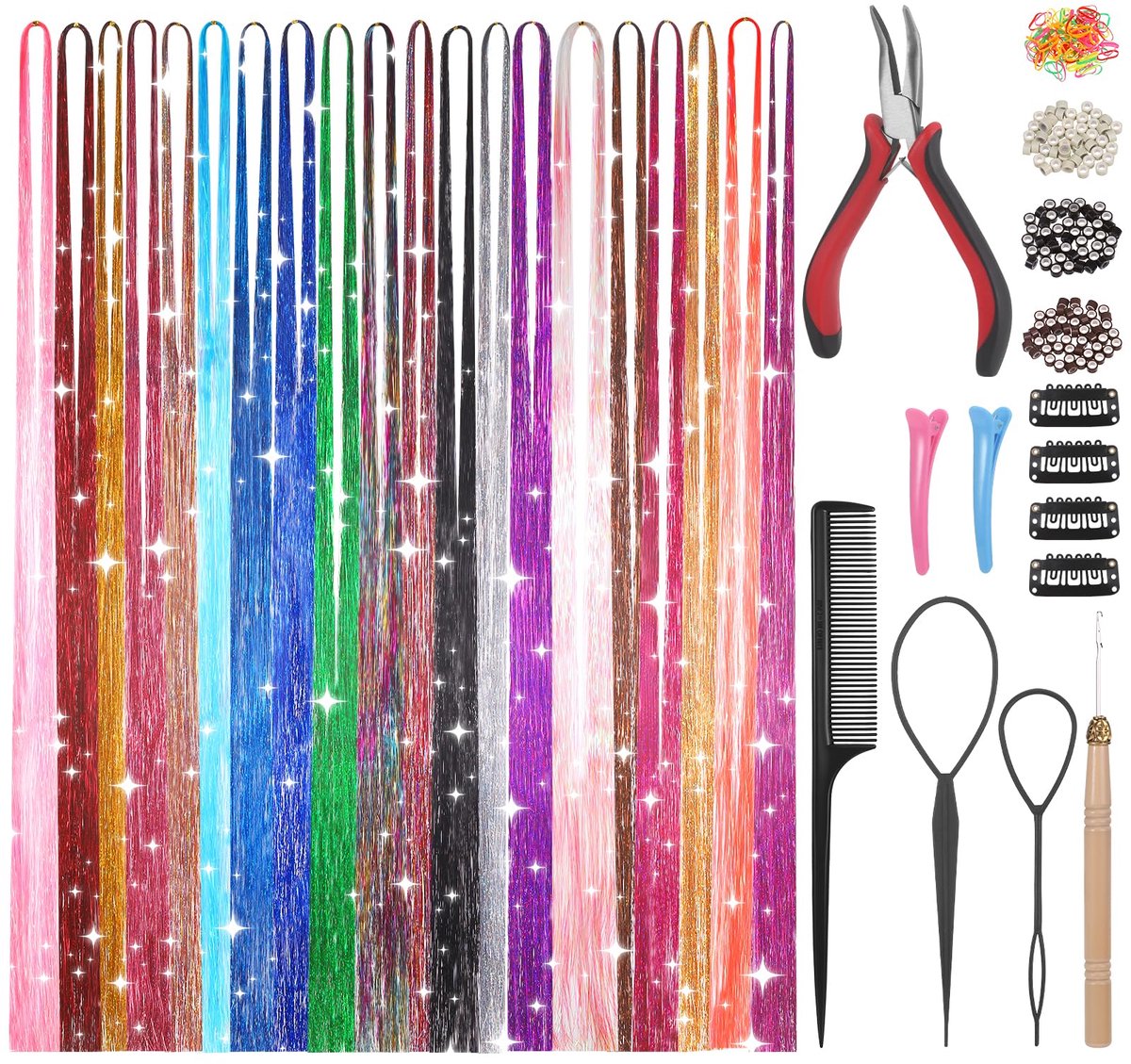 20 Kleuren 4400 Strengen Haar Klatergoud, 48 Inches Haar Glitter Strengen Glanzende Kleurrijke Rechte Hair Extensions voor Vrouwen Meisjes Party Cosplay Regenboog, Haar Klatergoud Kit