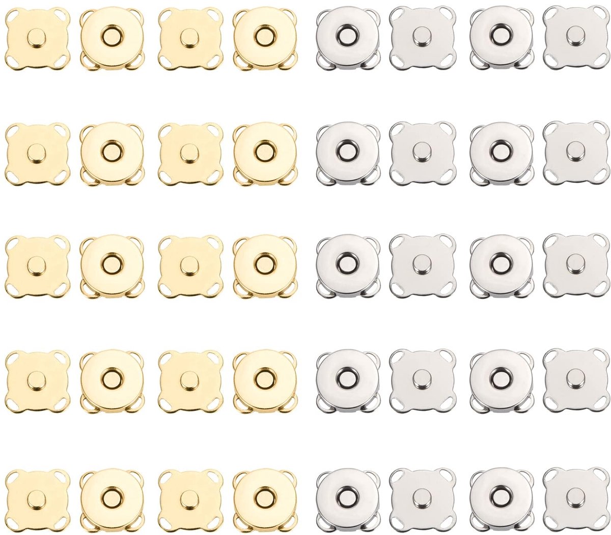 knop om te naaien, 14 mm, magnetische sluiting, knopen voor kleding, portefeuilles, rugzakken, knutselproject, 20 stuks (goud en zilver)