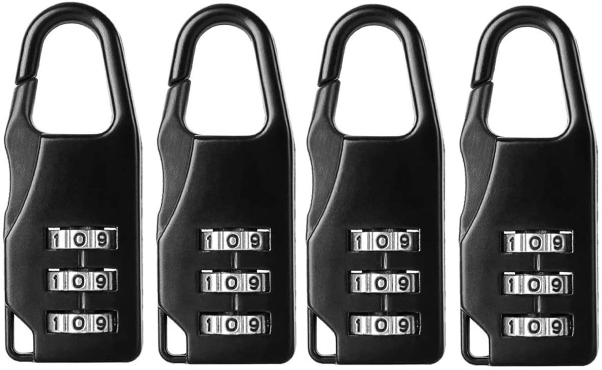 3-cijferig combinatieslot, set van 4 stuks, reisslot van zinklegering, bagagesloten, mini combinatiehangslot (Zwart)
