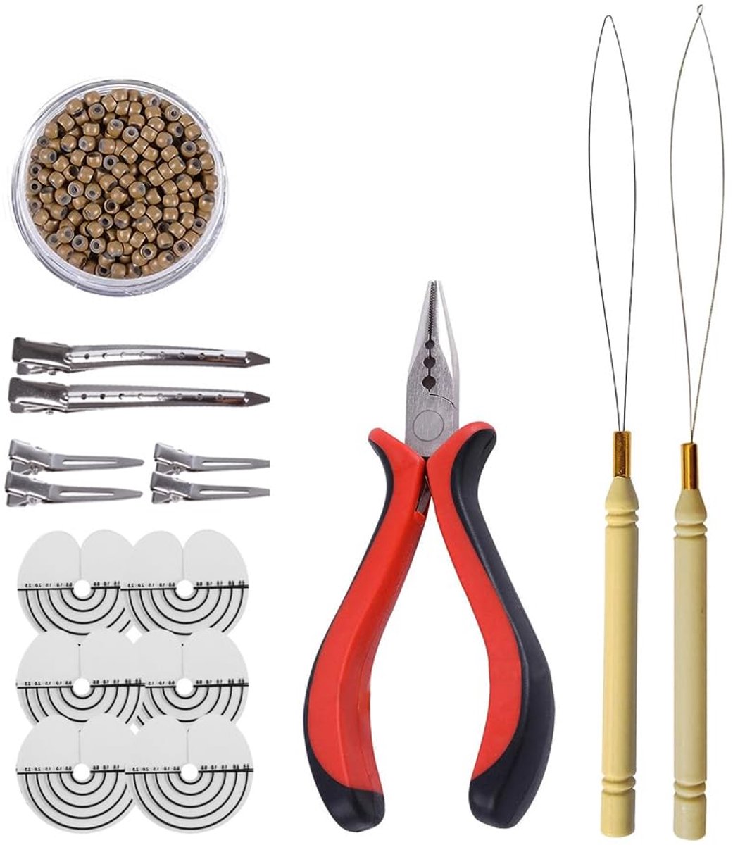 haarverlenging gereedschap Kit: 3 gat haartang, haarverlenging threader,500 stuks 3.0mm siliconen nano ringen beads (donker blond)