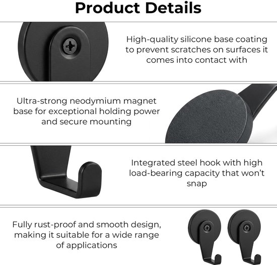 Haken, extra sterk, zwart, magnetische haken met neodymium magneet en siliconen coating, 20 kg trekkracht, magneethaken zonder boren, voor koelkast, keuken, garage, werkplaats, metalen — afbeelding 2
