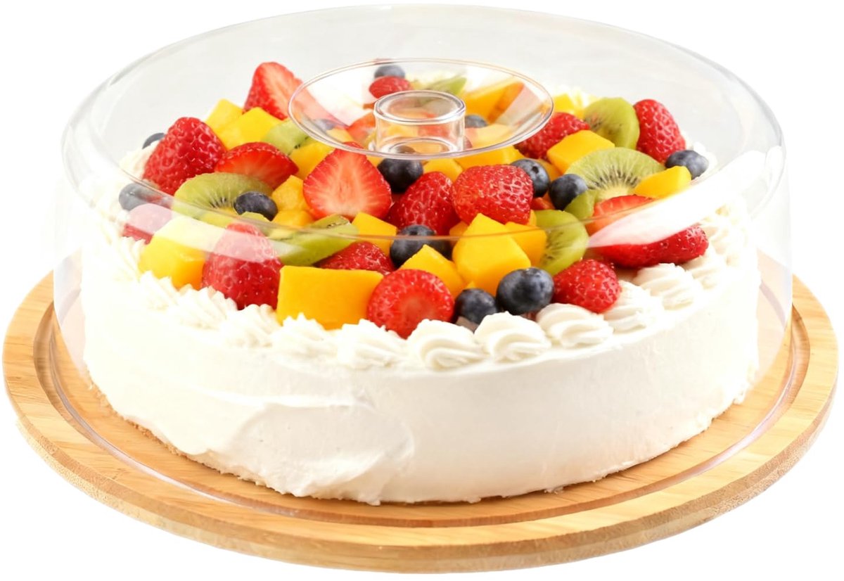Taartschaal met deksel, diameter 28 cm x hoogte 8,5 cm, onbreekbare taartstandaard met deksel en handvat, multifunctionele houten taartstolp, taartstandaard voor cake, taart, fruitschaal