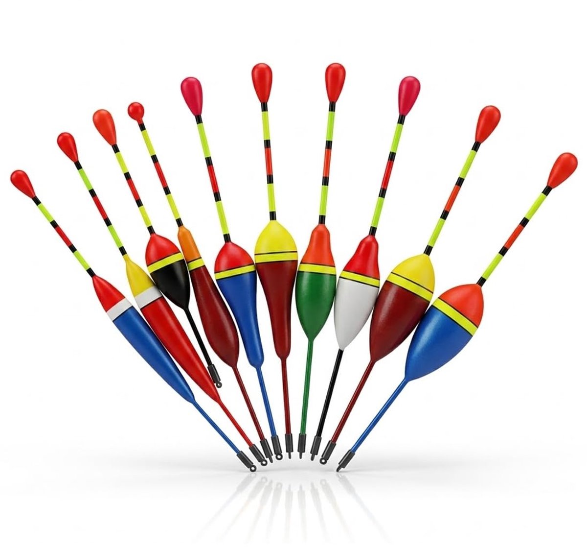 Dobbers, hengelset - zwemmer vissen & forel dobbers met vislood - complete set voor meren, vijvers en rivieren (10 maten)