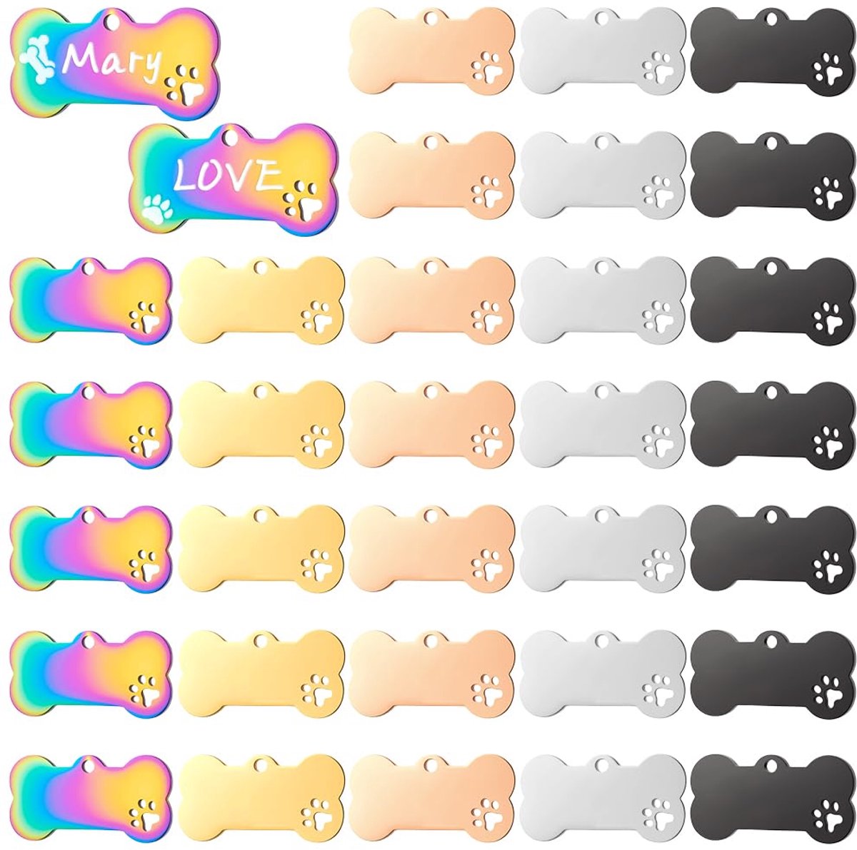Hondenpenningen om te graveren, 40 mm, hondenbothanger met pootafdruk, kleurrijke hangers voor katten en huisdieren, roestvrij staal, botstempel, hangers voor kleine en grote