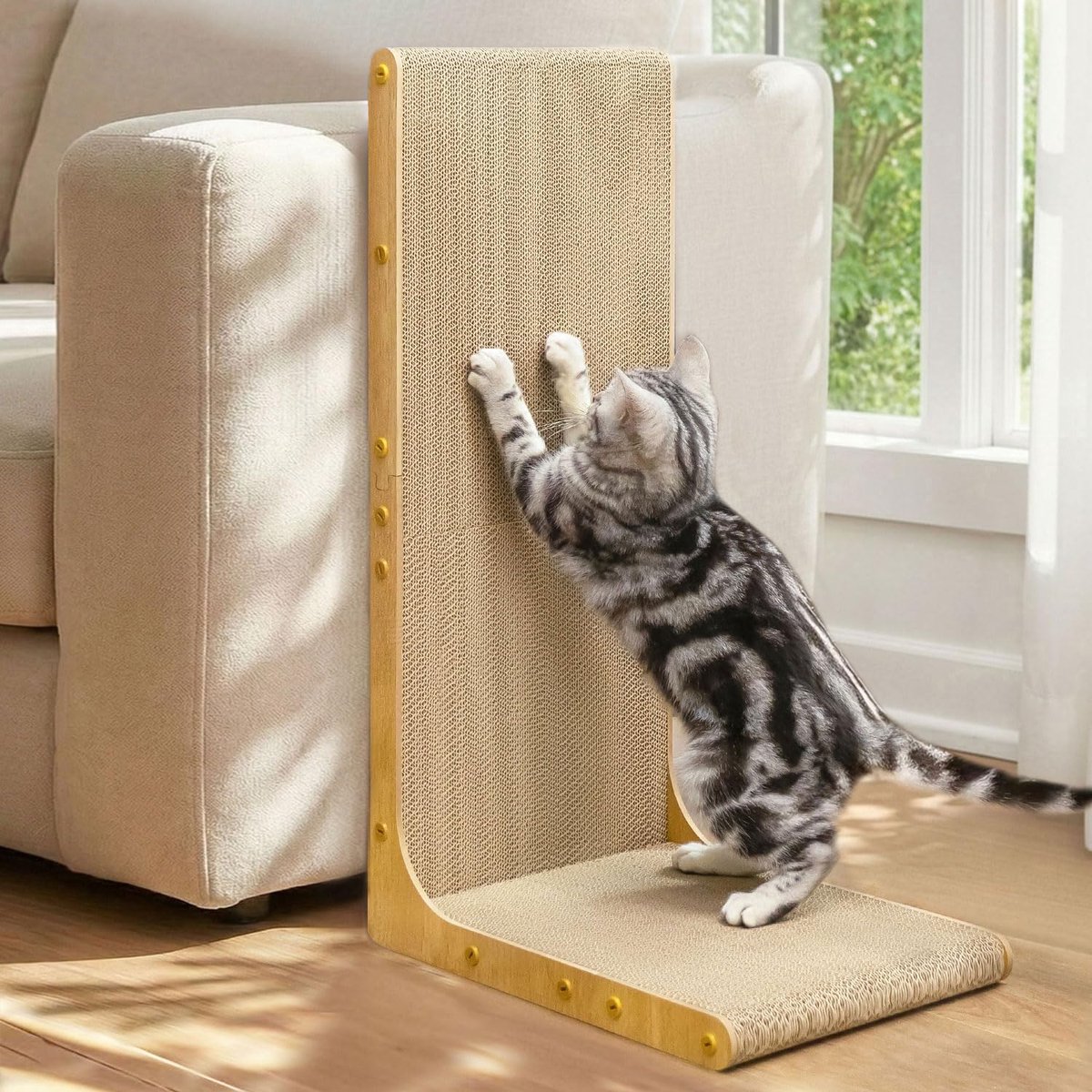 Kartonnen kattenkrabber, 66 cm L-vorm krasmat, wandmontage, verticale krabpaal, duurzaam karton om meubels voor binnenkatten te beschermen, houtnerf Junbo