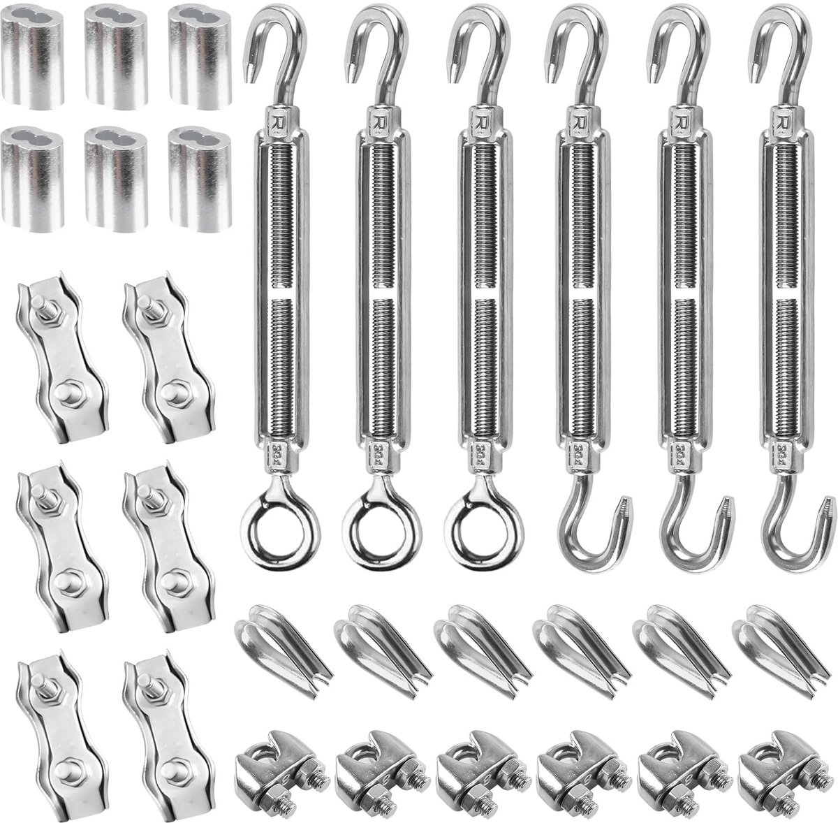 30 stuks M4 spanschroefdraadspannerset, 3 mm draadkabelspanner, kabelspanner, roestvrij staal, U-vormige en duplex draadkabelklem, draadkabelkousen en persklem aluminium voor het aanspannen van