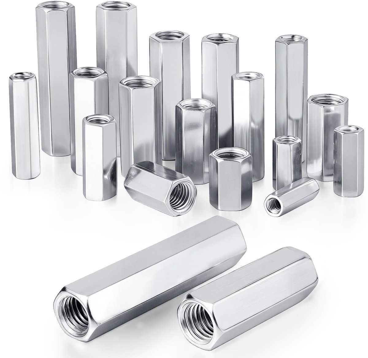 16 stuks lange moeren, M12 x 50 mm, schroefdraadmof van koolstofstaal, zeshoekige hulsmoer, verzinkte verbindingsmoeren, ideaal voor meubelmontage, machinebouw, 3D-printers en