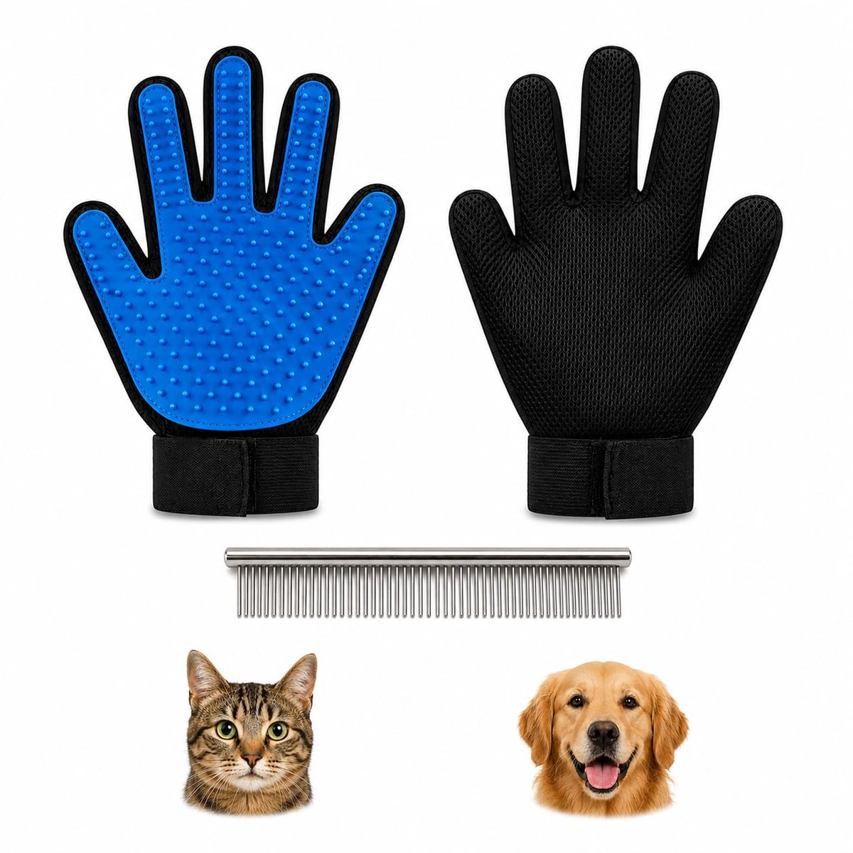2 handschoenen voor het verwijderen van huisdieren voor kat en hond + kam van roestvrij staal, kattenhaarhandschoen en hondenhandschoen | ontharingshandschoen voor honden en katten | hygiëne
