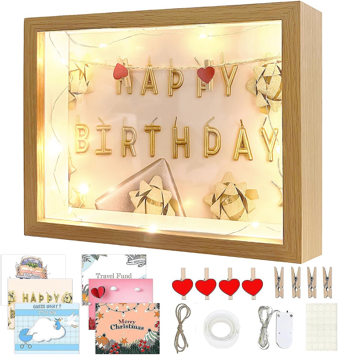 Fotolijst met 6 themafoto's, 1 m led-lichtsnoer, spaarpot, geldcadeau voor bruiloft, droogbloemen, foto's, stempels (houtkleur)