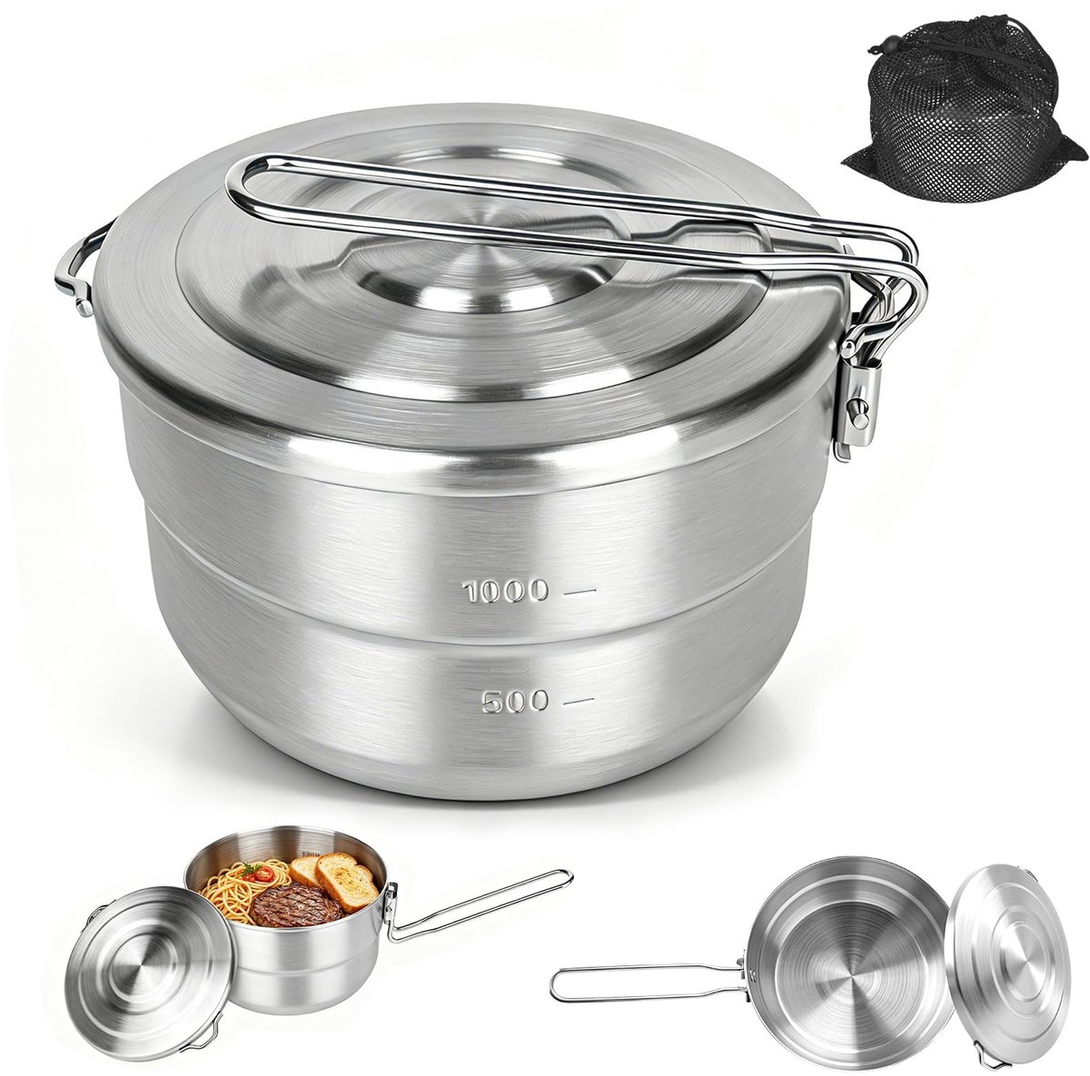 1,5 l, campingservies, roestvrijstalen pannen, opvouwbare outdoor kookpanset, campingpan met deksel en inklapbare handgreep, outdoor kookgerei voor picknick, wandelen, vissen