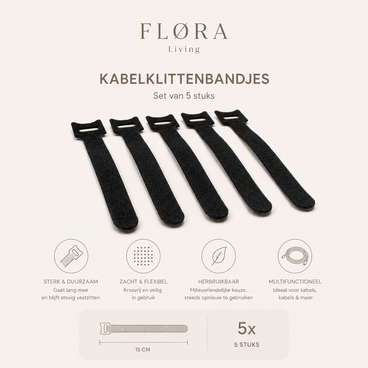 FLØRA Living Klittenband Kabelbinders – 20 Stuks – Kabelorganiser voor Kabelmanagement – Herbruikbaar – Diverse Kleuren – Kabel Organizer
